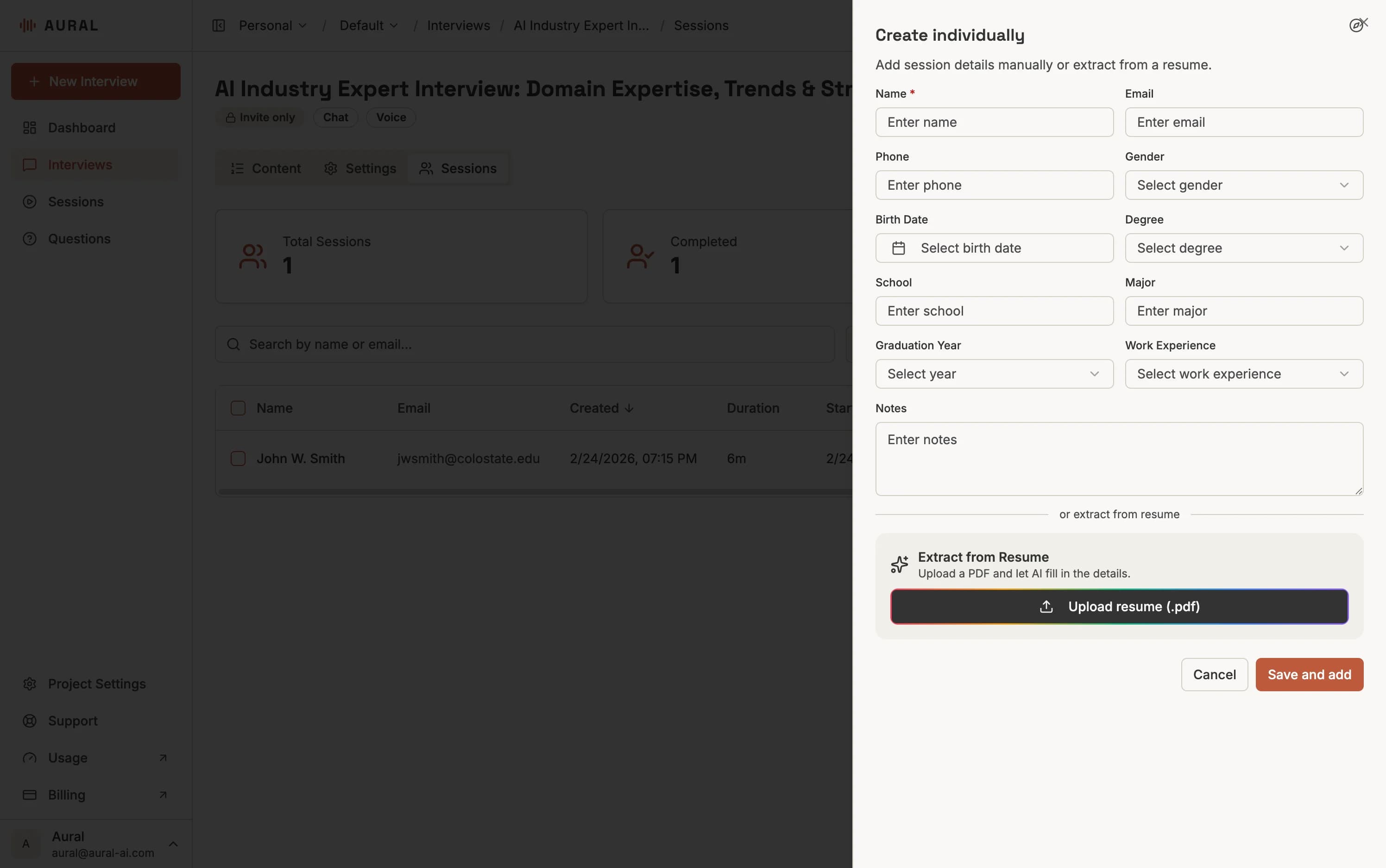 Create individually dialog with name, email, phone, school, and resume upload fields
