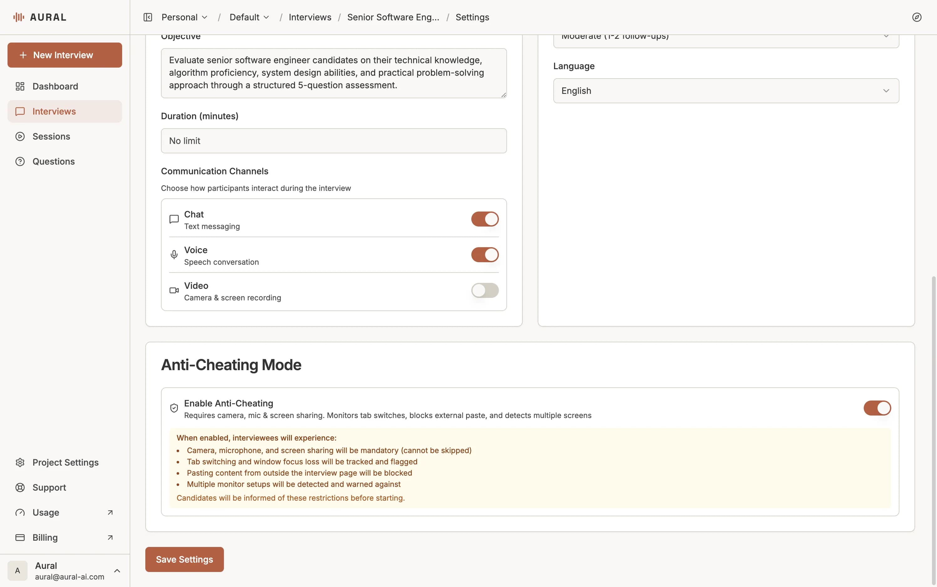 Anti-Cheating Mode toggle in interview settings with a description of enforced restrictions