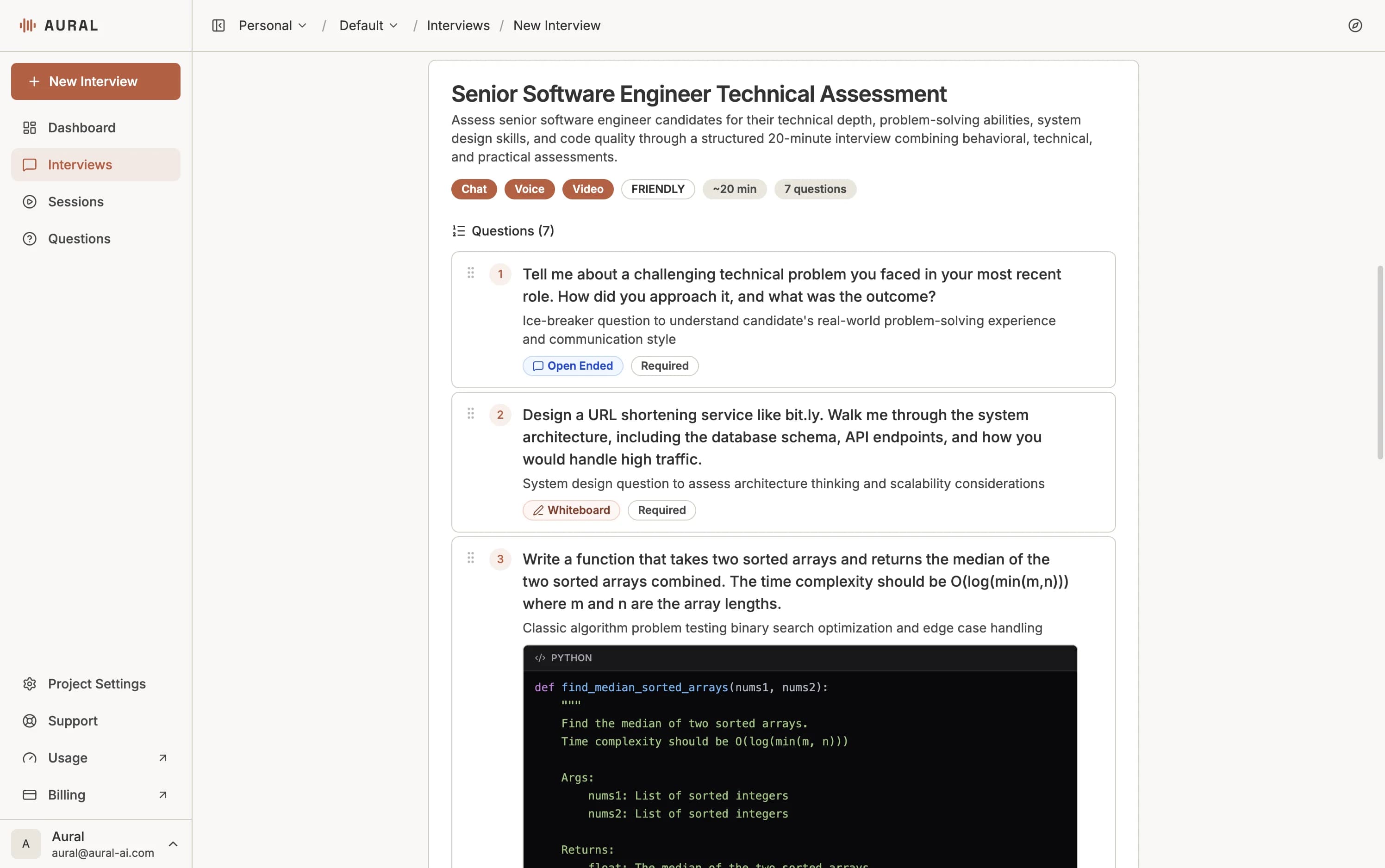 Question editor with generated questions and type labels