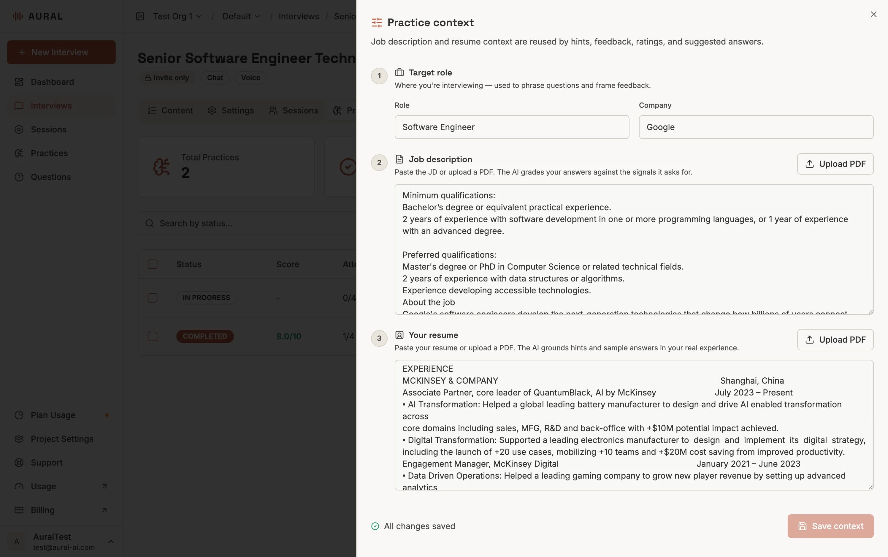 Practice context setup with company, role title, job description, and resume notes