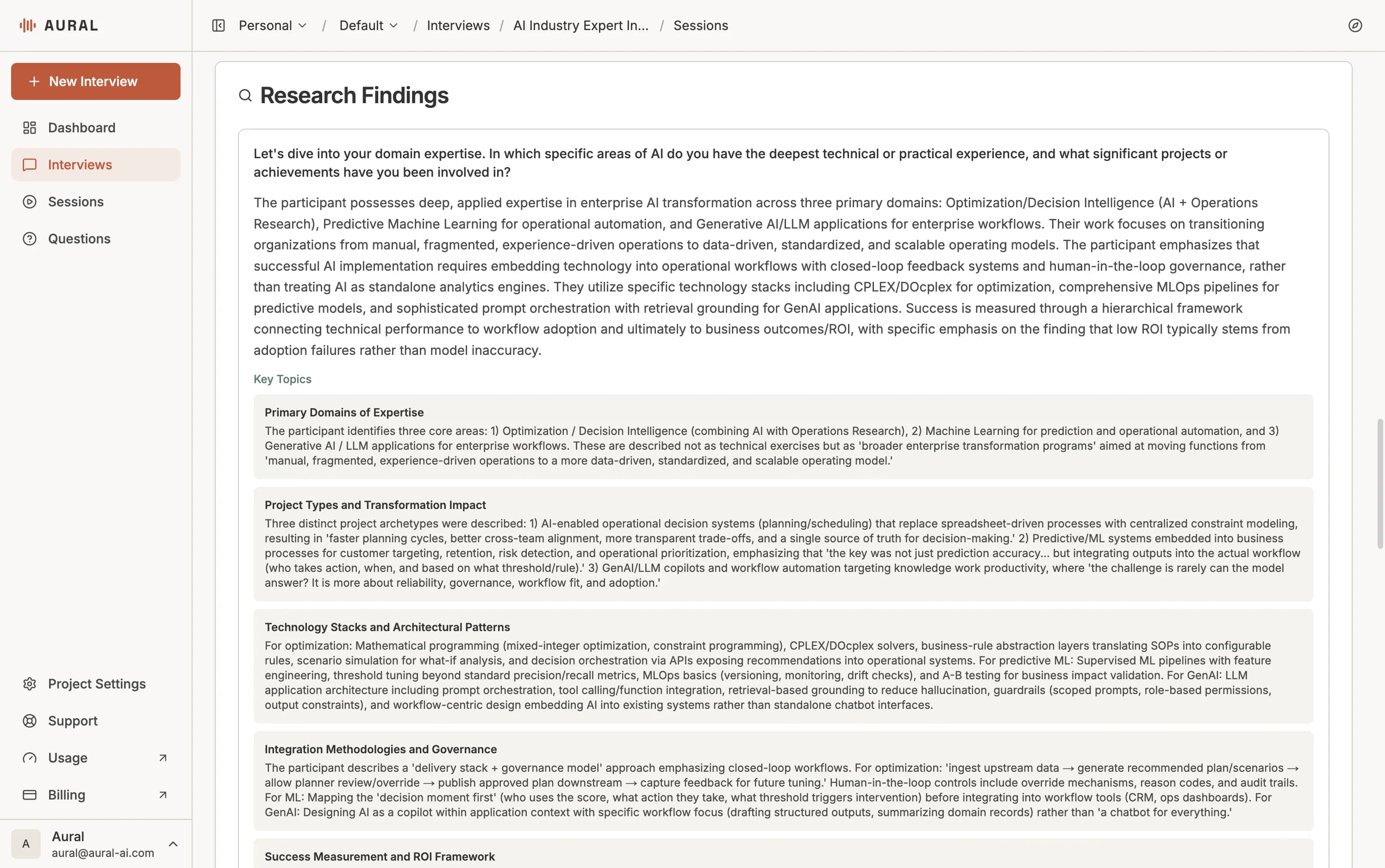 Research Findings showing extracted key topics and detailed data points from a research interview